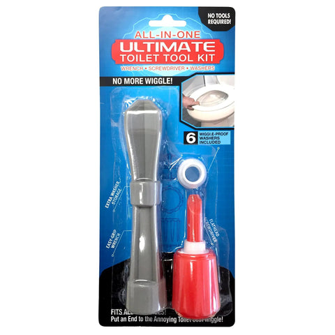 All In One Toilet Seat Tightening Kit With Washers Wrench And Screwdriver For Universal Fit That Stops Seat Wiggle Prevents Loose Seats And Keeps Your Bathroom In Check, packaging with tools visible