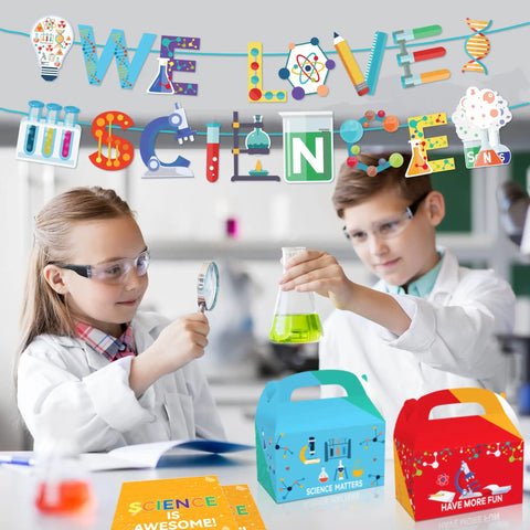 Children conducting science experiments under Epic We Love Science Banner Set for Mad Science Party Decorations.