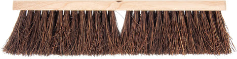 Kickass Heavy Duty Street Sweep With Sturdy Natural Palmyra Bristles 18 Inch Wide Professional Floor Cleaner For Outdoor Debris Cleanup Job Sites Pack Of 12 close-up of 18 inch bristle head with natural fibers and wooden handle.