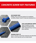 Heavy Duty 3/16 X 1-1/4 Inch Hex Head Blue Concrete Screw Anchors Kit showing key features like hex washer head.