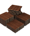 Stack of Interlocking Wood Deck Tiles 12x12 Inch Walnut, 27 Pack Waterproof Patio Floor Tiles For All Weather Outdoor Use