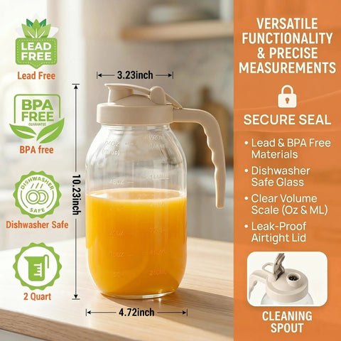 2 Quart Glass Pitcher With Filter Lid Airtight Leakproof 64 Oz Cold Water Jug For Lemonade Tea Juice Milk Iced Coffee