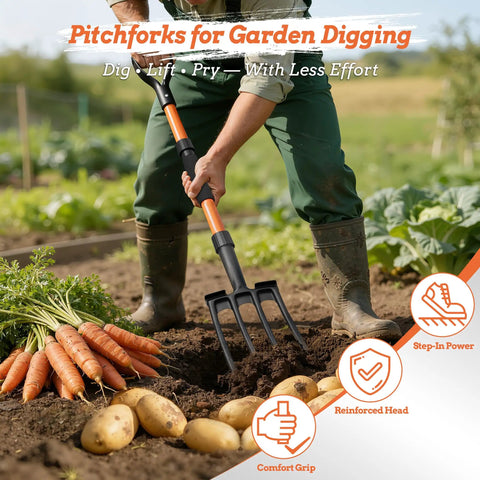 4-Tine Pitch Fork With Foot Step, Ergonomic Y-Handle Garden Digging Fork in soil loosening and potato harvest use