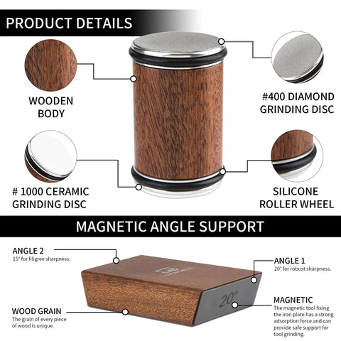Image showing a Rolling Knife Sharpener with diamond and ceramic disc technology, wooden body, and magnetic angle support.