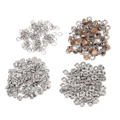 All-in-One DIY-Friendly 100-Piece Brass Snap Fasteners Kit Gold Tone for Crafting, Sewing and Leather Work, Rustproof and Durable with Hollow and Solid Snaps, Equal Male and Female Pieces, Easy Install, assorted snap parts shown