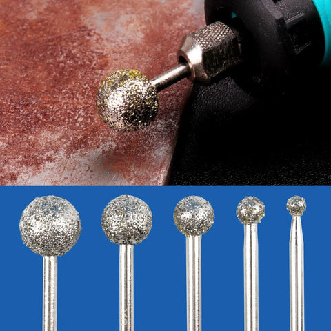 One Eighth Shank Diamond Grinding Burr Ball Shape Bits Set Of 15 Pro Grade Coarse 36 Grit in rotary tool and lined up