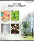 Outdoor Garden Arbor Arch Gate With Trellis Sides For Climbing Plants And Grape Vines Ideal Wedding Ceremony Decor Locking Doors Planter Baskets Flourishes And Arrow Tips Black 86 Inch Backyard Ready shown with decoration options including balloons, foliage, tulle, and lights.