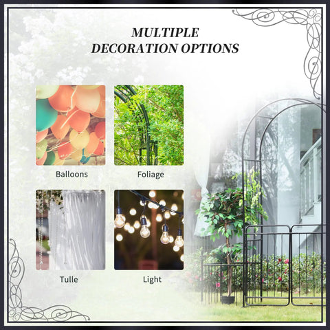 Outdoor Garden Arbor Arch Gate With Trellis Sides For Climbing Plants And Grape Vines Ideal Wedding Ceremony Decor Locking Doors Planter Baskets Flourishes And Arrow Tips Black 86 Inch Backyard Ready shown with decoration options including balloons, foliage, tulle, and lights.