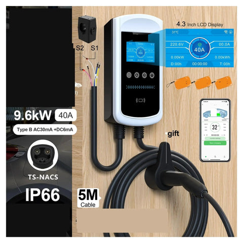 Portable EV Charger With NACS Plug For Home Garage Or Road Trips Featuring 32A Up To 40A 12KW fast charging wallbox with LCD display.