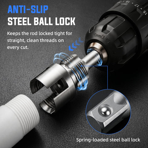 All In One Internal And External Pipe Threading Kit for 1/2, 3/4 & 1 inch PVC pipes, heavy duty alloy steel, electric drill compatible