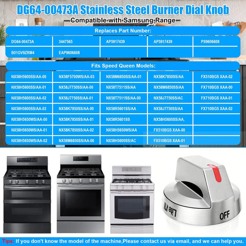 Stove Knob Replacement Set For Samsung Gas Range And Oven DG64-00473A Compatible 5 Pack with model list and gas range images.