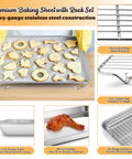 Half Sheet Baking Pan With Wire Cooling Rack Set For Oven Cooking 17.7 By 13 Inch Stainless Steel with cookies and chicken