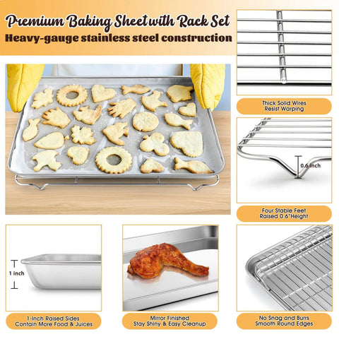 Half Sheet Baking Pan With Wire Cooling Rack Set For Oven Cooking 17.7 By 13 Inch Stainless Steel with cookies and chicken