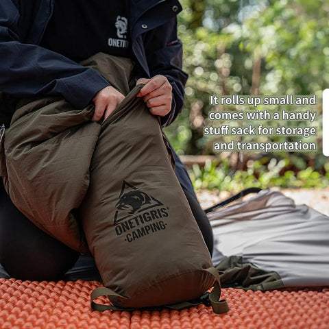 Person packing 3-Season Mummy Sleeping Bag For Camping, Hiking, And Backpacking With Water-Repellent Shell into a stuff sack