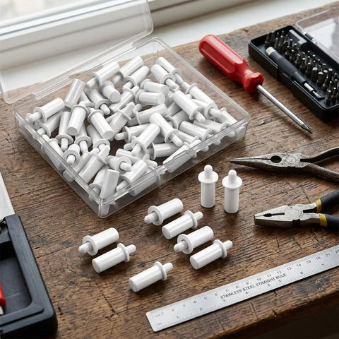 Heavy Duty Spring Loaded Plantation Shutter Pin Repair Kit 50 Pack with white plastic pins on wooden work surface.