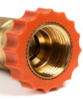 Brass inline hose fitting with orange pressure-regulator knob for RV water system