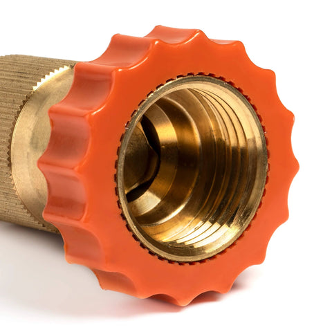 Brass inline hose fitting with orange pressure-regulator knob for RV water system