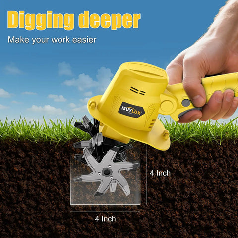 Cordless 20V Tiller Cultivator For Gardening digging soil, ergonomic grip, 4-inch depth in use
