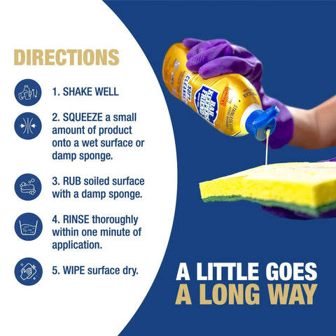 Using Soft Cleanser Liquid 2 Pack 13 Oz Bottles Multipurpose Cleaner and Rust Stain Remover to clean with a sponge