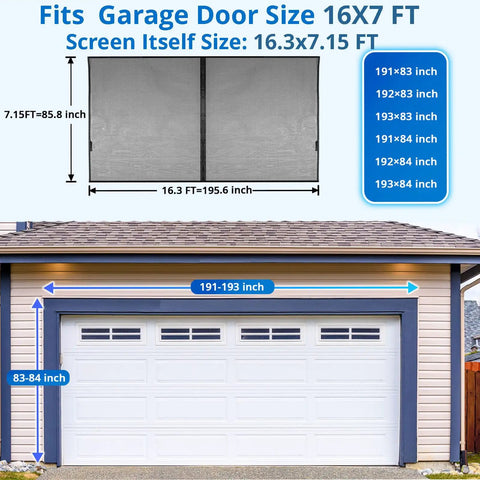Magnetic Garage Door Screen 16x7 Ft With Retractable Fiberglass Mesh No Fuss Setup diagram showing measurements