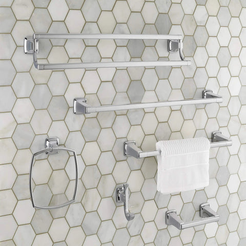 Townsend 24 Inch Double Towel Bar in Polished Chrome for a sturdy no fuss wall mount, shown with other bathroom fixtures