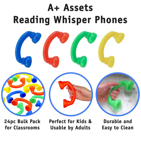 Whisper Reading Phones and Highlight Strips Bundle, 12 Pack for Classroom Fluency Practice, showing colorful whisper phones