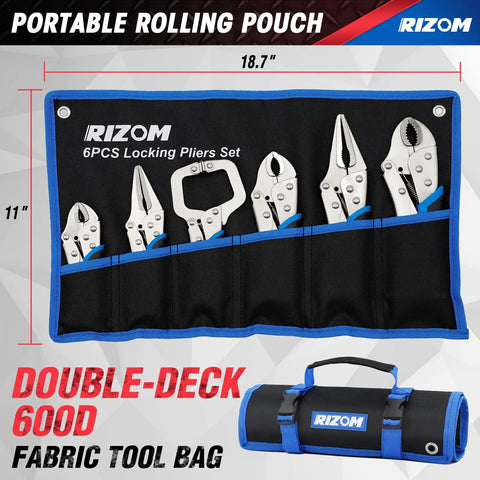 Six Piece Locking Pliers Set With Curved Jaw Needle Nose And C Clamp Vise Grips in rolling pouch