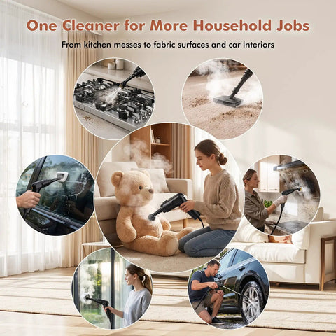 Heyvtoryin 2500W Steam Cleaner For Home With 1.6L Tank And Quick Heat Up To 3 Seconds in use on various surfaces including a couch, car, and teddy bear.