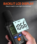 Handy Portable Sound Level Meter With Backlit LCD For Quick Noise Checks, Measures 35-130 dB(A) Range, Digital SPL Meter With MAX MIN Data Hold, Ideal For Office, Classroom, Workshop, Neighbors And Home Noise Monitoring, handheld in hand