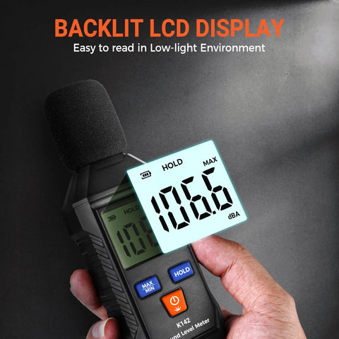 Handy Portable Sound Level Meter With Backlit LCD For Quick Noise Checks, Measures 35-130 dB(A) Range, Digital SPL Meter With MAX MIN Data Hold, Ideal For Office, Classroom, Workshop, Neighbors And Home Noise Monitoring, handheld in hand
