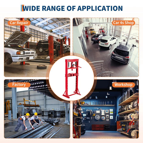 Wide range of application for Professional Grade 6 Ton Hydraulic H Frame Shop Press With Adjustable Height Base And Press Plates Built Like A Tank For Pulling Bearings Auto Repair And Metalworking Red.