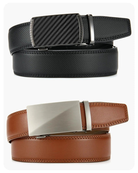 Men's Leather Ratchet Belt 2 Pack With Custom Fit Up To 1.5 Inches, Easy Click Buckle, Effortless Style For Any Occasion, 35mm Wide