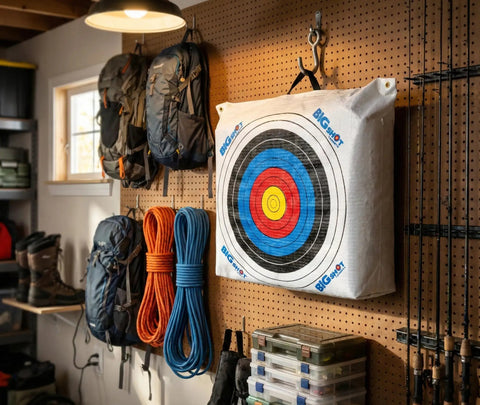 Beast-Size Outdoor Archery Target Bag 36 By 30 By 11 Inches hanging on wall in home range
