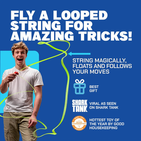 Excited man demonstrating Crazy Fun Rope Launcher Toy For Kids And Adults, Fly A String Loop Across The Sky For Endless Tricks And Laughs.