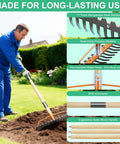 Man using Heavy Duty Bow Rake With 17 Tines And 55 Inch Adjustable Wooden Handle Built To Last For Lawn Care on soil