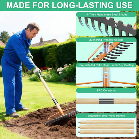 Man using Heavy Duty Bow Rake With 17 Tines And 55 Inch Adjustable Wooden Handle Built To Last For Lawn Care on soil