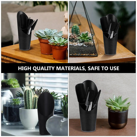 5 Piece Succulent Plant Tools Set For Transplanting And Planting, mini black plastic hand tools in holder for indoor succulents