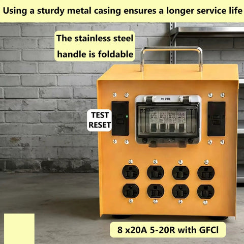 Heavy Duty 30A Temporary Power Distribution Box With L14-30P Input And Four GFCI 20A Duplex Outlets, metal casing, foldable handle.