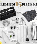 Ultimate Home Bar Mixology Kit With Stand 15 Piece Silver Bar Tool Set displayed with tools and bamboo organizer