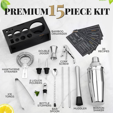 Ultimate Home Bar Mixology Kit With Stand 15 Piece Silver Bar Tool Set displayed with tools and bamboo organizer