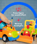 Two Pack Remote Control Cars For Toddlers, Truck And Tractor RC Toys with flashing lights and removable figures on a wooden surface.