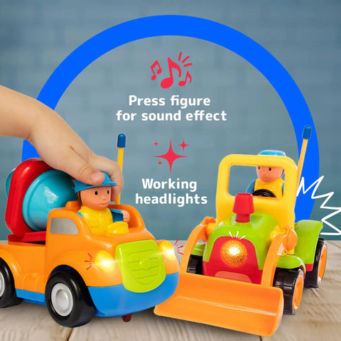 Two Pack Remote Control Cars For Toddlers, Truck And Tractor RC Toys with flashing lights and removable figures on a wooden surface.