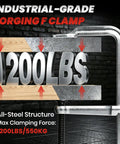 Heavy Duty 12 Inch F-Clamps 4-Pack With Grip Gloves For Welding Woodworking And Metal Assembly Super Strong Drop Forged Steel Tools showing 1200 lbs clamping force on wood and metal.
