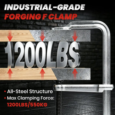 Heavy Duty 12 Inch F-Clamps 4-Pack With Grip Gloves For Welding Woodworking And Metal Assembly Super Strong Drop Forged Steel Tools showing 1200 lbs clamping force on wood and metal.