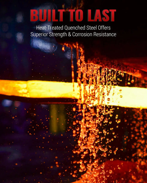 Heat-treated quenched steel glowing with water droplets, demonstrating strength and corrosion resistance.