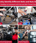 Thread gauge and bolt size tool collage; bike maintenance, car engine, mechanical equipment, and home repair.