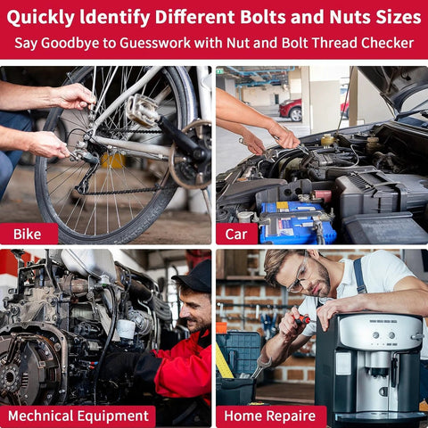 Thread gauge and bolt size tool collage; bike maintenance, car engine, mechanical equipment, and home repair.
