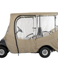 Fairway Long Roof 4-Person Golf Cart Enclosure For Travel With Weatherproof Fabric, side view on cart, beige color