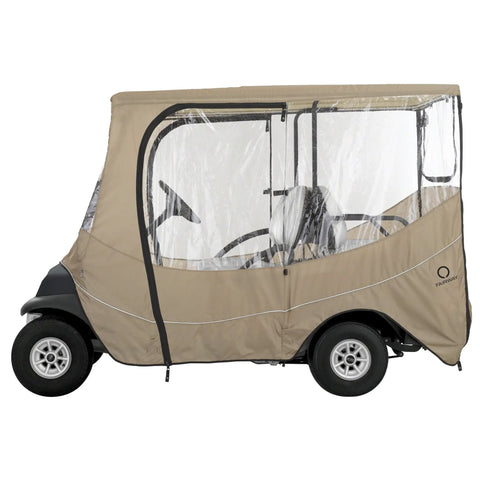 Fairway Long Roof 4-Person Golf Cart Enclosure For Travel With Weatherproof Fabric, side view on cart, beige color