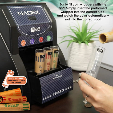 36S Automatic Coin Sorter Sorts Up To 200 Coins Per Minute With Automatic Start Stop Feature And Pull Tray Access shown in use.